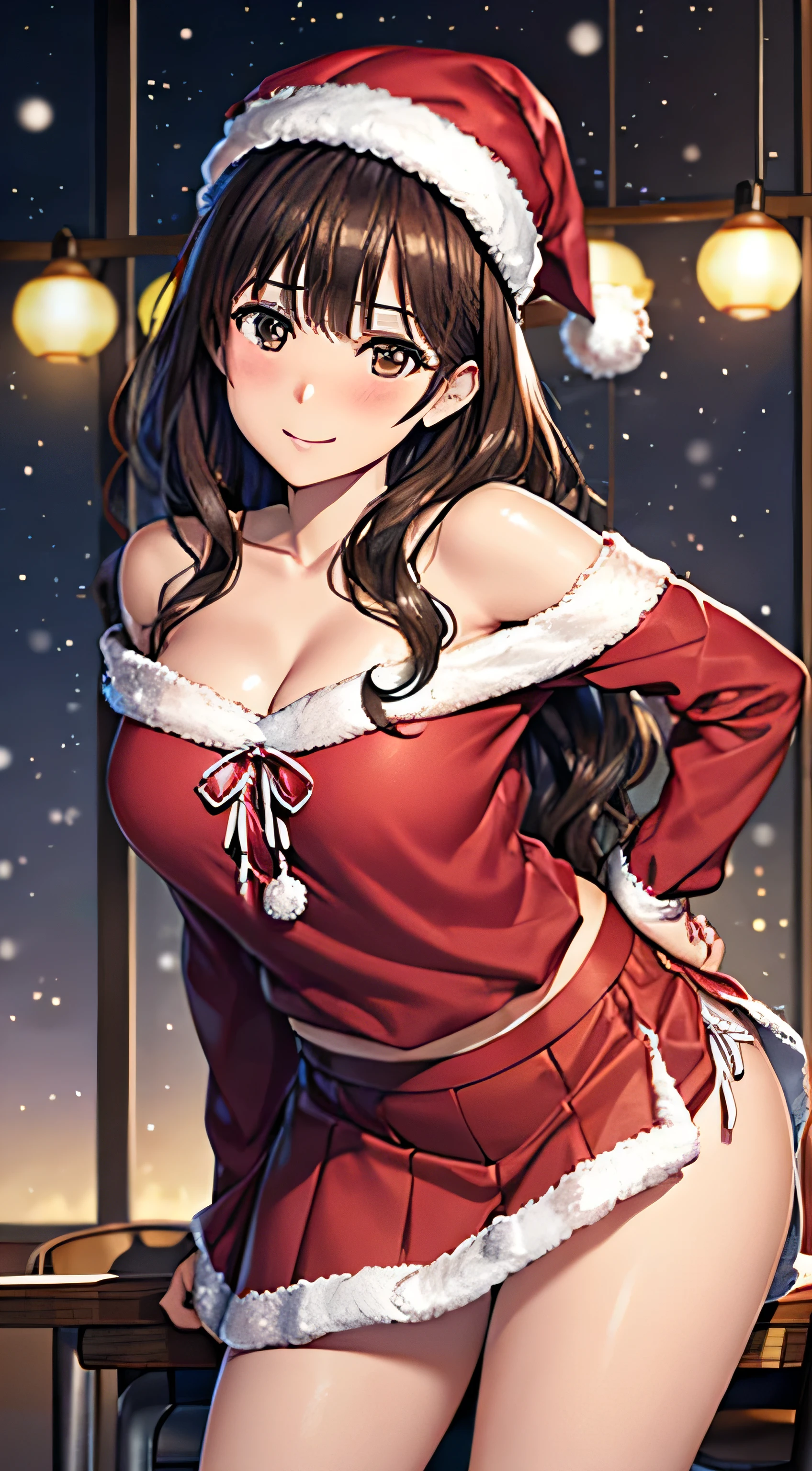 ((Tabletop, Highest quality, High resolution, , Pixel Perfect, 4K,))), 1 female teacher, single, alone, beauty、The whole body is visible、 ((Long Wavy Hair, bangs, Brown Hair)), ((Brown eyes, Beautiful eyelashes, Realistic eyes)), ((Detailed face, Blushing:1.2)), ((Smooth texture:0.75, Realistic texture:0.65, Realistic:1.1, Anime CG Style)), Big Breasts, Dynamic Angle, Perfect body, (( , , Santa Claus Cosplay Hat、 Santa Claus Cosplay Off Shoulder Sweater、flare skirt、Floral lace panties 、)), 、、Very embarrassing panic smile, 、、classroom、、、、Stick your butt out、Leaning forward、Bring your arms together、 、Angle from below)、