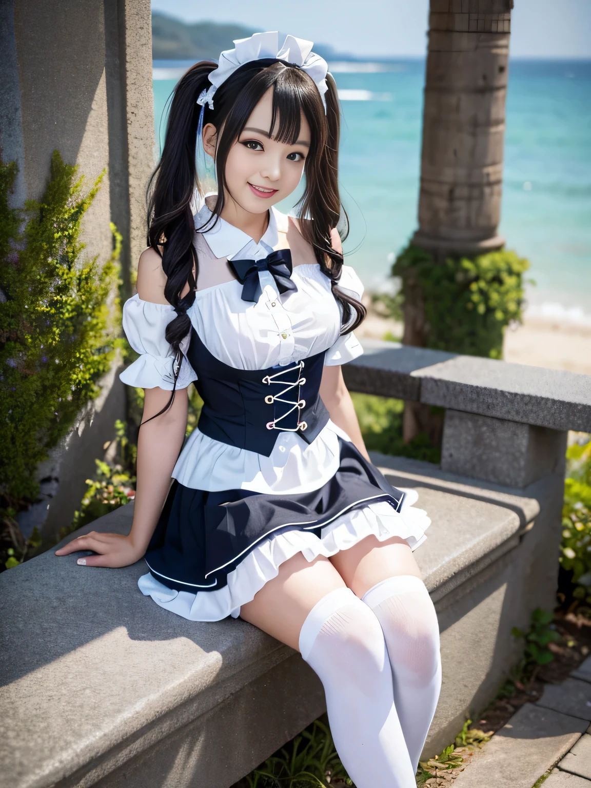 ((masterpiece)), ((Highest quality、Ultra-high resolution)), (Very detailed),8k、Photo quality、((Amazingly cute girl)), -yeld gi Two people, , (Beautiful emerald blue eyes), ((smile)),In the open-air bath overlooking the sea, Beautifully arranged black hair in twin tails、whole body、(Super high-end white see-through summer gothic lolita maid costume、A super mini skirt with lots of frills)、Professional Lighting、(White lace knee-high socks)、