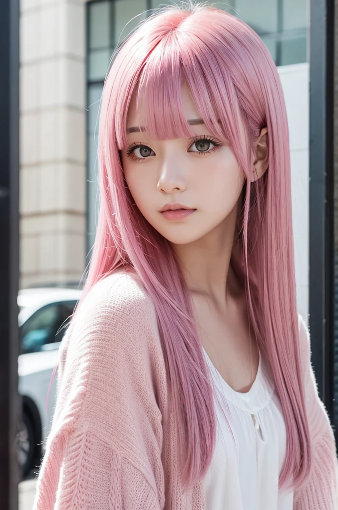 Pink Hair Dark Eyes Straight bangs semi-long