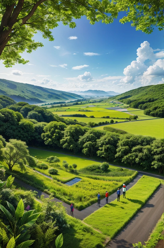 A vibrant illustration showcasing a diverse group of people taking action to combat climate change, with renewable energy sources and green landscapes in the background.