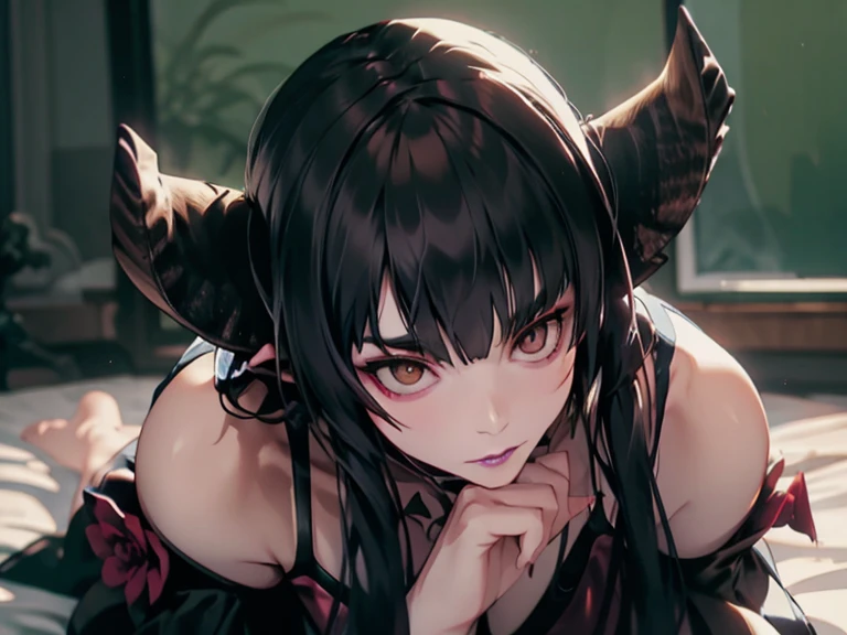 Eliza from Tekken sitting on the edge of the bed, stroking a boy's face