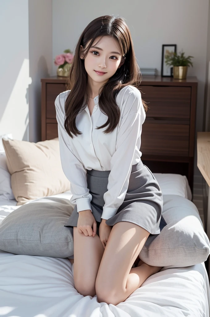 (Highest quality、masterpiece:1.9)、((Neat and clean female college student、1 person))、Soft lighting by a professional photographer、Natural light、((Very spacious white luxurious room:1.6))、((Bright white room:1.6))、(Sitting on a very luxurious white bed:1.2)、(White Bookcase:1.1)、Natural soft light、((Brown Hair:1.1))、Fair skin、Detailed Eyes、double eyelid、Slightly puffy cheeks、((Small Face:1.0))、((Checked one-piece shirt、Grey mini skirt、Please wear it with the chest open.:1.2))、(smile)、((Girly pose 1.8))、High resolution,、((Long Hair:1.2))、((Full Body Shot:1.2))、Live-action image quality、((Height: 150cm))、Hands in front、Hide your hands between your legs、(No bangs:1.1)、