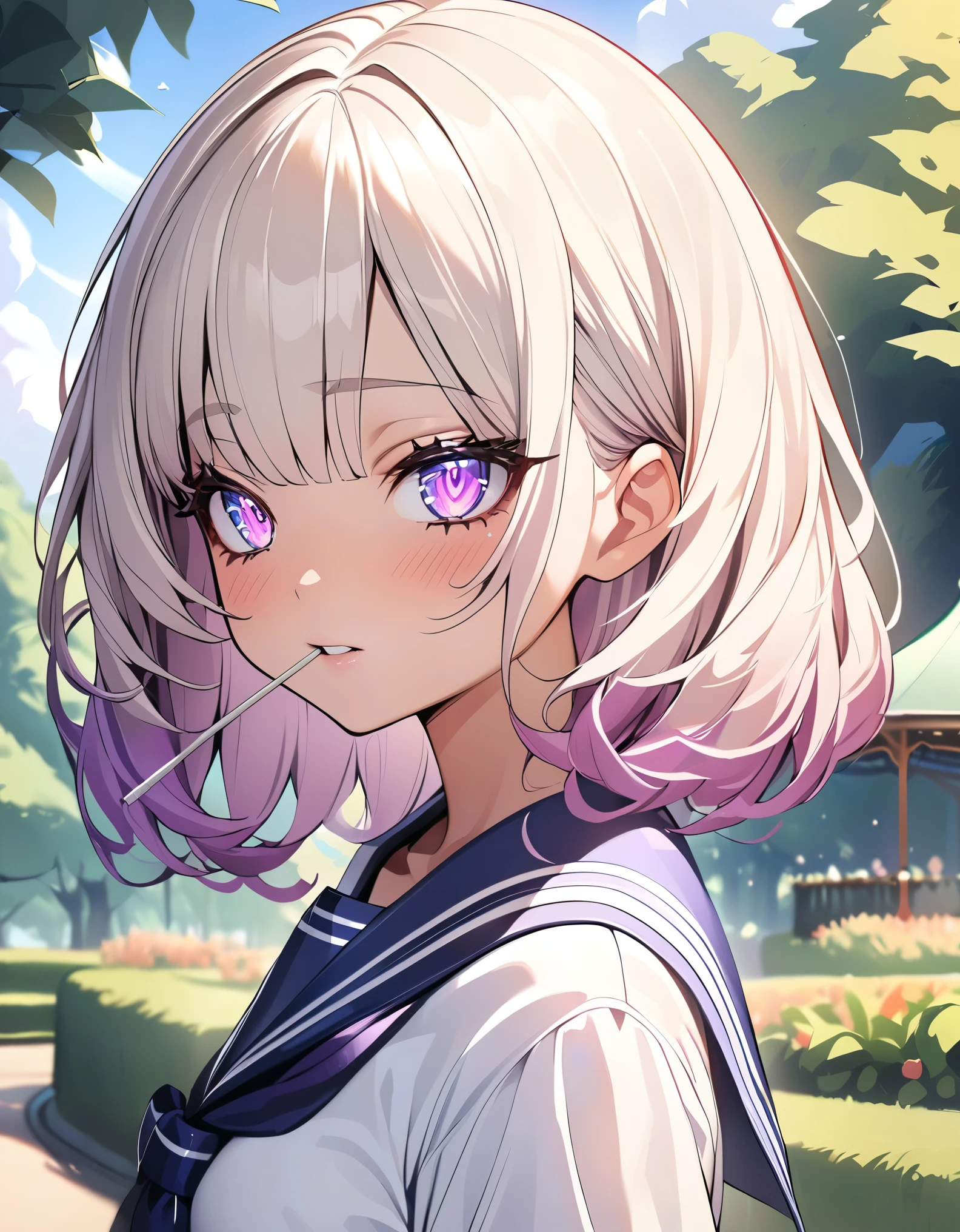 1 girl, JK, Sailor suit, 美味しそうにLollipopを舐める女性:1.3, Face Close Up:1.2, Lollipop, Lollipopを手に持って:1.4, Staring at the audience, Beautiful face, Shiny Hair, Long eyelashes, Detailed glowing eyes, Blushing, Beautiful illustrations, Natural light, at the park, wood々Background, Gazebo, Delicious footage, High resolution, masterpiece:1.2, High Detail, high quality.