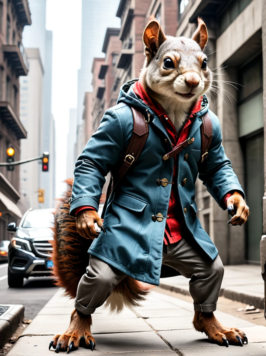 In the urban jungle,Squirrel model has steady feet,Travel through the city in style,Explore different fashion paths