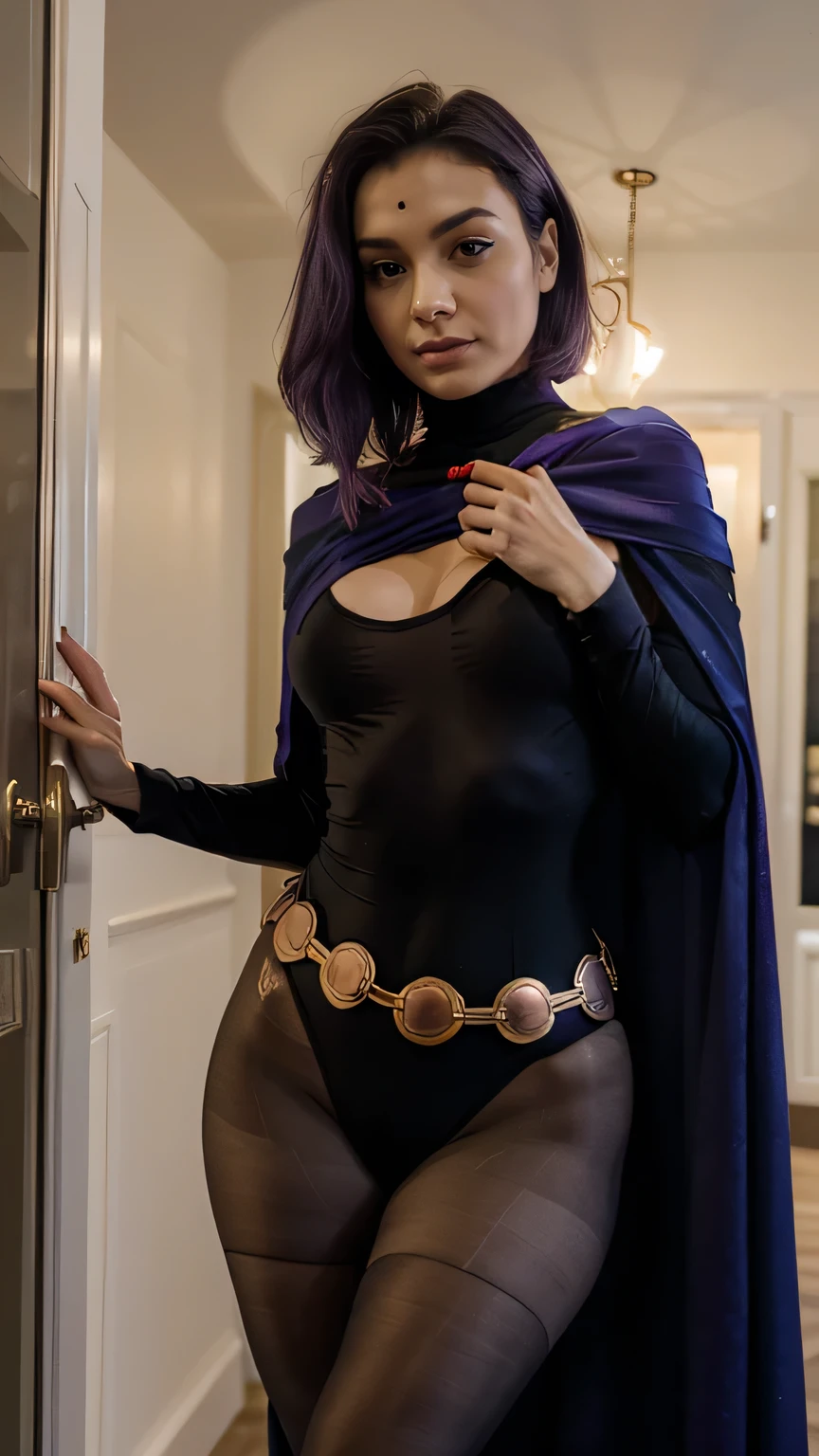 illustration of Raven from DC Comics, 1 girl, Raven, turtleneck, Black leotard, Black cape, hood, purple hair, forehead jeEmel, purple eyes, short hair, Belt, tight skin, standing, cleavage, toned, pose, night , moonlight, ((posing)), movement lines, torso, upper body, portrait, B&Em. contour, in anime tarot card art style, elegant, glamorous, reflection, shine, shading, pantyhose 40 dinier, small