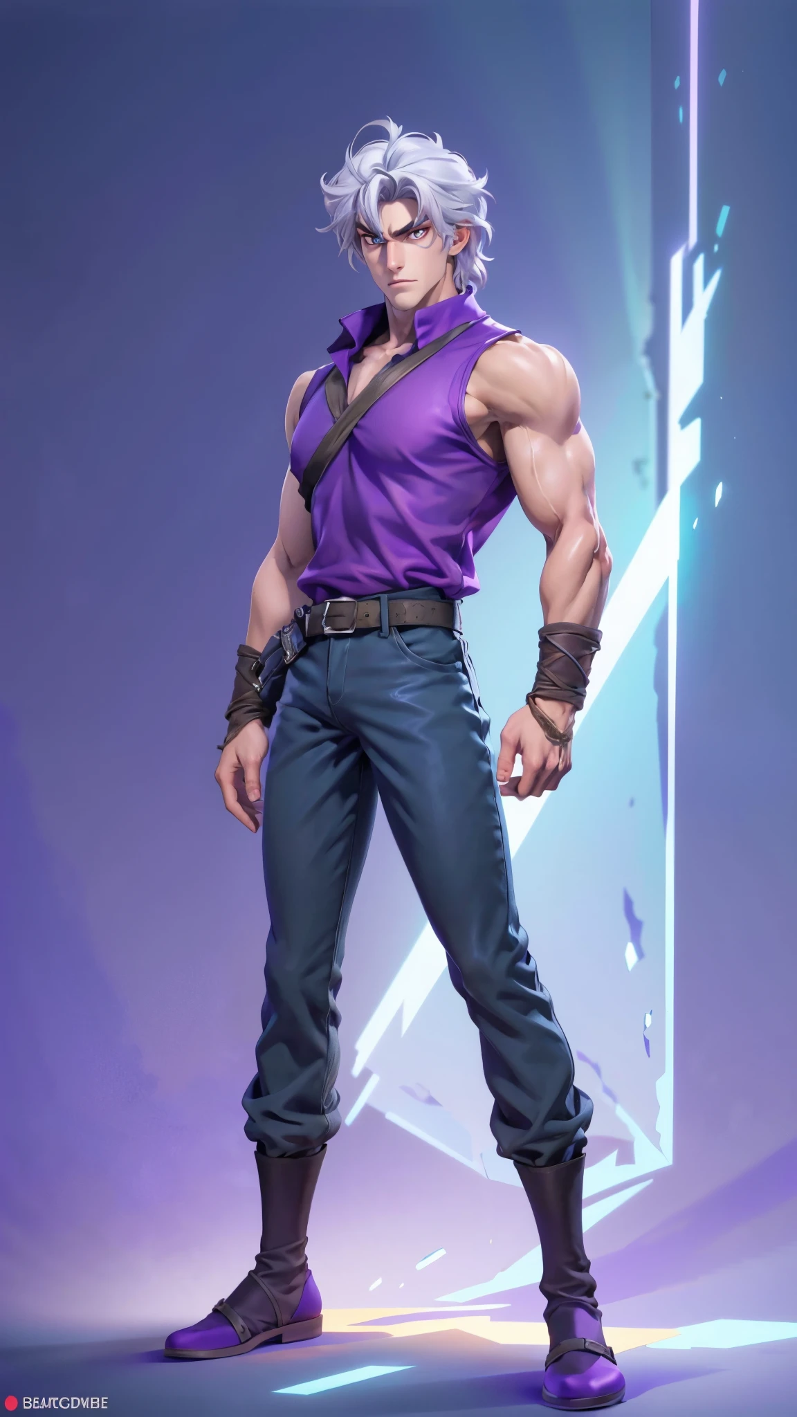 A young man with short gray hair, completely white skin, pale skin, resolute eyes, handsome face, serious expression, a metal collar around his neck, his upper body is bare, a slender yet muscular build, a purple demon tattoo is on his left shoulder, a black and white belt, cloth trousers, emitting a purple aura, he stands in a mining valley, the ground around him glowing red and cracking open, this character embodies a finely crafted fantasy-style slave warrior in anime style, exquisite and mature manga art style, dramatic, high definition, best quality, highres, ultra-detailed, ultra-fine painting, extremely delicate, professional, perfect body proportions, golden ratio, anatomically correct, symmetrical face, extremely detailed eyes and face, high quality eyes, creativity, RAW photo, UHD, 32k, Natural light, cinematic lighting, masterpiece-anatomy-perfect, masterpiece:1.5