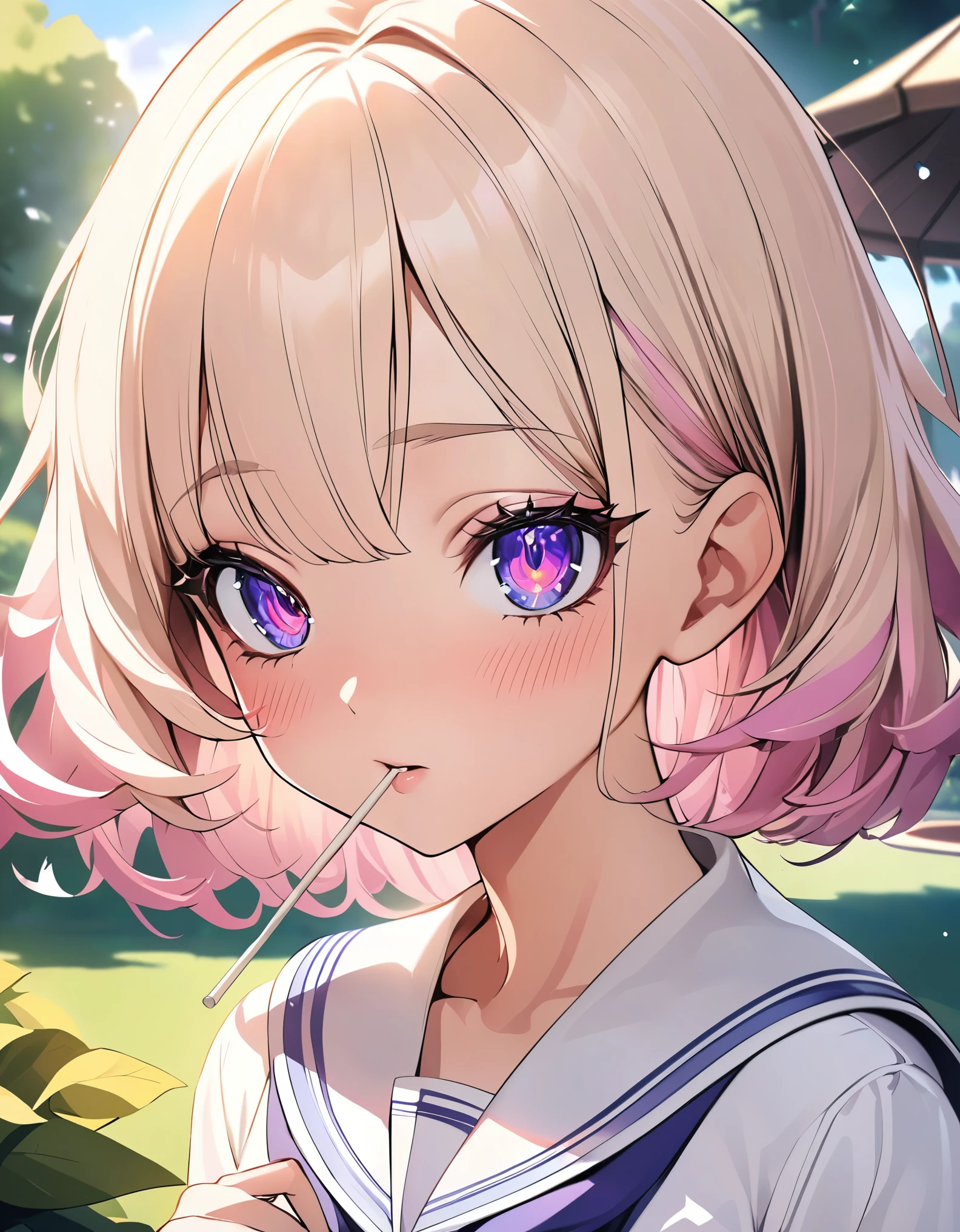 1 girl, JK, Sailor suit, 美味しそうにLollipopを舐める女性:1.3, Face Close Up:1.2, Lollipop, Lollipopを手に持って:1.4, Staring at the audience, Beautiful face, Shiny Hair, Long eyelashes, Detailed glowing eyes, Blushing, Beautiful illustrations, Natural light, at the park, wood々Background, Gazebo, Delicious footage, High resolution, masterpiece:1.2, High Detail, high quality.