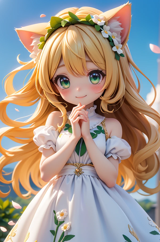 (Highest quality))、((masterpiece))、(detailed)、((soro girl)),masterpiece,best quality, high quality,ulutra detailed,Perfect Face、Daytime、Flower field background、((A voluminous flower crown))、Place both hands on head、((tall、woman、20th Generation、Cat ear、Sparkling Eyes、Blonde long hair)、Yellow-green、Black delicate embroidery、((high slit dress)）、looking at viewer、good weather、smile、Many soap bubbles float、The wind is blowing、Petals fluttering、