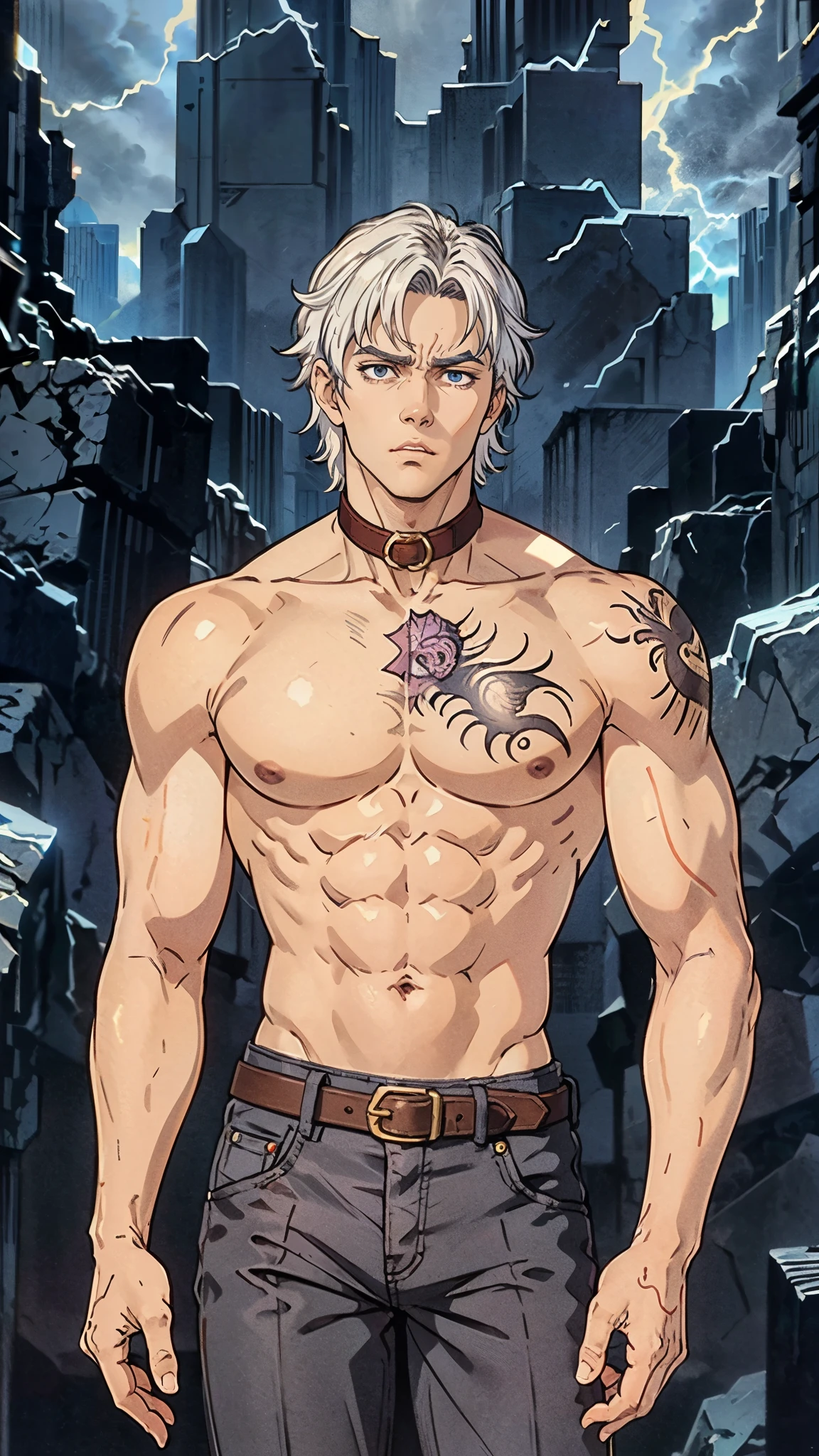 A young man with short gray hair, completely white skin, pale skin, resolute eyes, handsome face, serious expression, a metal collar around his neck, his upper body is bare, a slender yet muscular build, a purple demon tattoo is on his left shoulder, a black and white belt, cloth trousers, emitting a purple aura, he stands in a mining valley, the ground around him glowing red and cracking open, this character embodies a finely crafted fantasy-style slave warrior in anime style, exquisite and mature manga art style, dramatic, high definition, best quality, highres, ultra-detailed, ultra-fine painting, extremely delicate, professional, perfect body proportions, golden ratio, anatomically correct, symmetrical face, extremely detailed eyes and face, high quality eyes, creativity, RAW photo, UHD, 32k, Natural light, cinematic lighting, masterpiece-anatomy-perfect, masterpiece:1.5