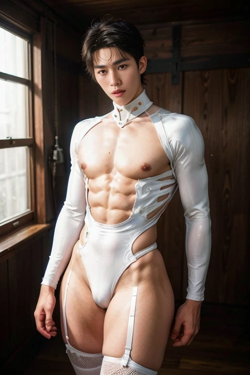 (masutepiece,High resolution,ultra - detailed:1.0),1(Boy,Robot Boy),Perfect male body,Look at the camera,Delicate eyes and delicate face,extremely details CG,Unity 8k wallpaper,intricate-detail,solo person,Detailed face, (Futuristic skin-perfect white bodysuit), Best Quality, hands visible, short hair:1.5 , full length shot(fls) , big thighs , big hips , insane details, hyper details , photorealistic , only male , handsome korean boy , 16k resolution , ultra-high clarity , hyperrealism, uhd,   bare thighs ,  sexy ,bare hips , ((epic reality ,  ultra realism , ultra photorealistic )), (((只有male性，只有male性 ，male性，male人，male，only boy , only male)))    , (boy ,male) , ((everything tight))   ,((unrealistic wide hips , unrealistic wide pelvis，unrealistic phat hips)) , ((super tight garter stocking,  skindentation)) , thick thigh , foot seen，（（（Plump buttocks，Wide hip circumference，wide pelvis））） , nice pectoral
