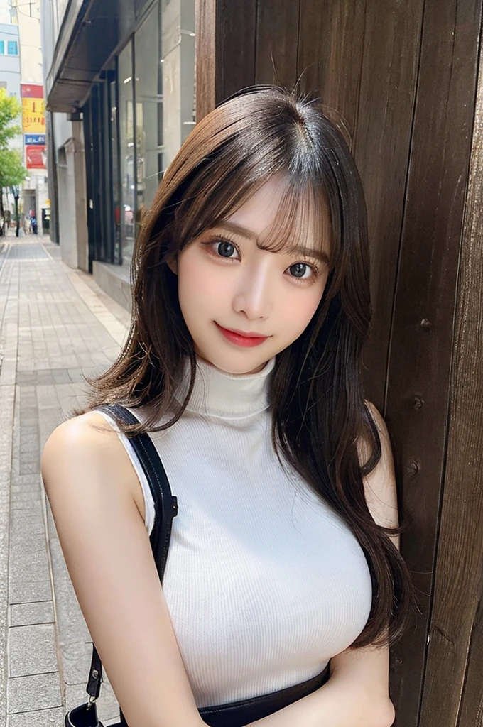 ((paisura))、Big Tits、crossbody, strap between breasts、double eyelid、big 、Highest quality, shape, Very detailed, Fine details, High resolution, 8k, Perfect dynamic composition, Beautiful details, ,Natural color lip, A shy smile,Beautiful 20 year old woman、The only person, Correct posture、Cute type、Looking into the camera、Turtleneck Sleeveless、Hold the strap of your bag between your chest、Black Hair