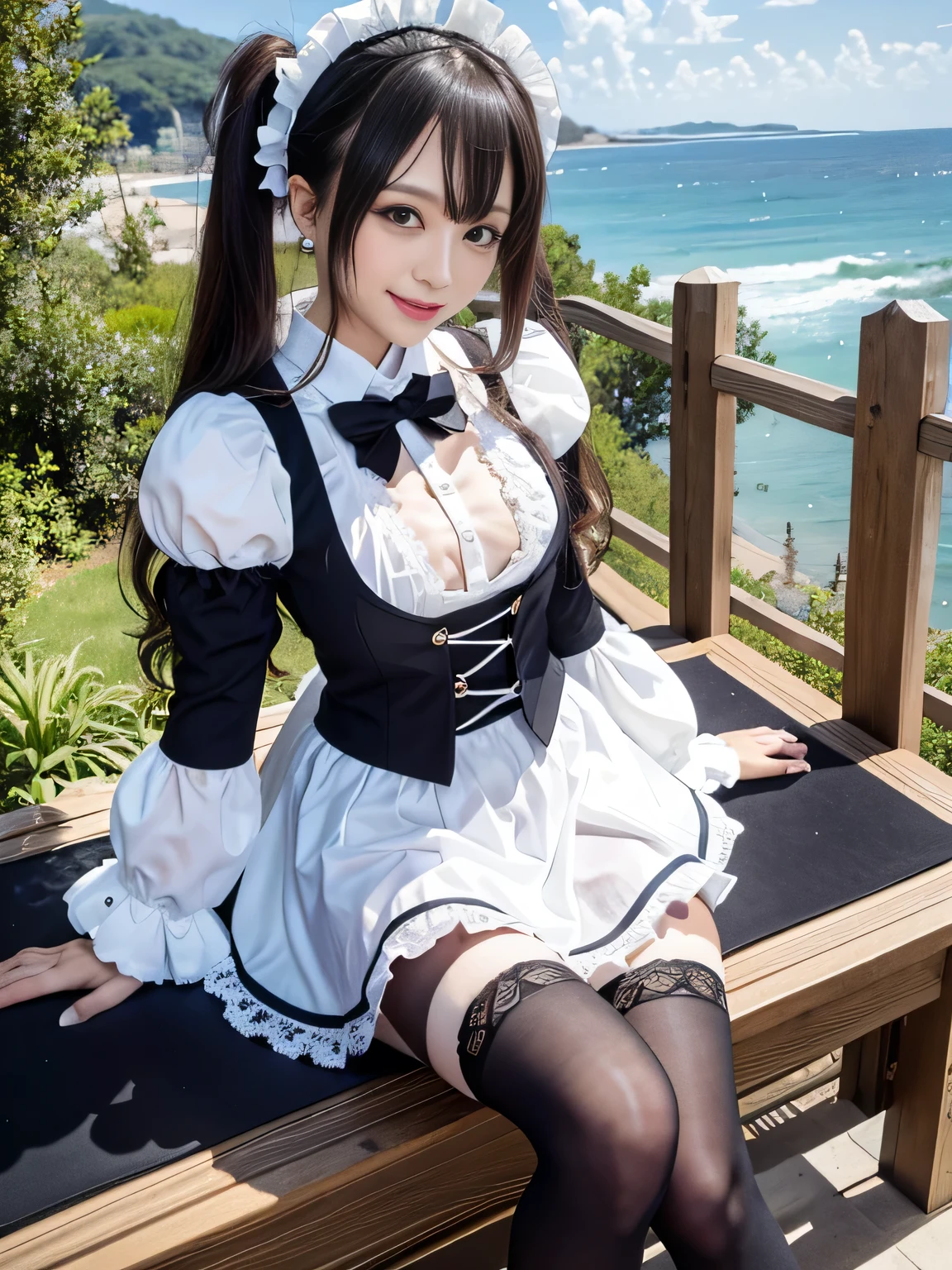 ((masterpiece)), ((Highest quality、Ultra-high resolution)), (Very detailed),8k、Photo quality、((Amazingly cute girl)), , Two people, , (Beautiful emerald blue eyes), ((smile)),In the open-air bath overlooking the sea, Beautifully arranged black hair in twin tails、whole body、(Super high-end white see-through summer gothic lolita maid costA super mini skirt with lots of frills)、Professional Lighting、(White lace knee-high socks)、