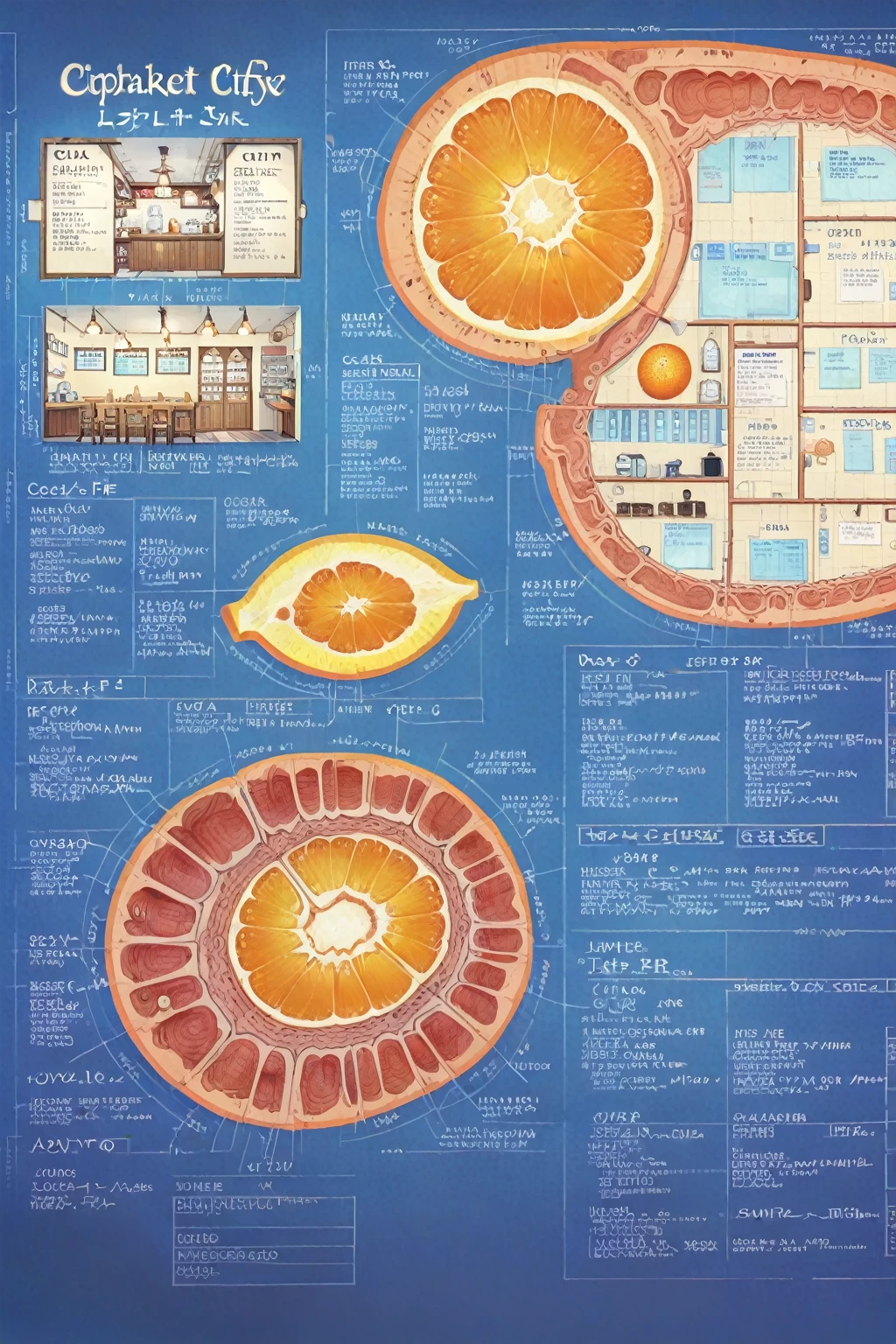 ON PARCHMENT,INK ILLUSTRATION, ((anime:1.4,illustration)),(masterpiece, top quality, best quality),(ultra-detailed, absolutely resolution),((16k, high res)), (((Cross-section of an orange, a refreshing city spreading out within the orange,)) ((cozy lofi illustration:1.4)), ((anime:1.4, illustration)),(masterpiece, top quality, best quality),(ultra-detailed, absolutely resolution),((16k, high res)) BREAK {lofi art, style of Laurie Greasley, style of Makoto Shinkai, anime aesthetic}, A detailed blueprint of the section of Lofi cafe, a fairytale-style cafe, detailed labeling text, grid lines,