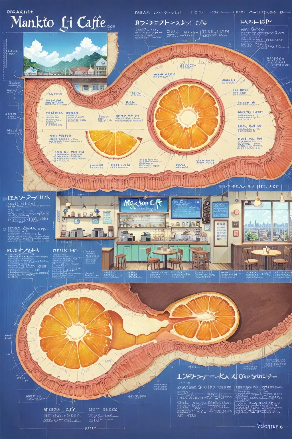 ON PARCHMENT,INK ILLUSTRATION, ((anime:1.4,illustration)),(masterpiece, top quality, best quality),(ultra-detailed, absolutely resolution),((16k, high res)), (((Cross-section of an orange, a refreshing city spreading out within the orange,)) ((cozy lofi illustration:1.4)), ((anime:1.4, illustration)),(masterpiece, top quality, best quality),(ultra-detailed, absolutely resolution),((16k, high res)) BREAK {lofi art, style of Laurie Greasley, style of Makoto Shinkai, anime aesthetic}, A detailed blueprint of the section of Lofi cafe, a fairytale-style cafe, detailed labeling text, grid lines,
