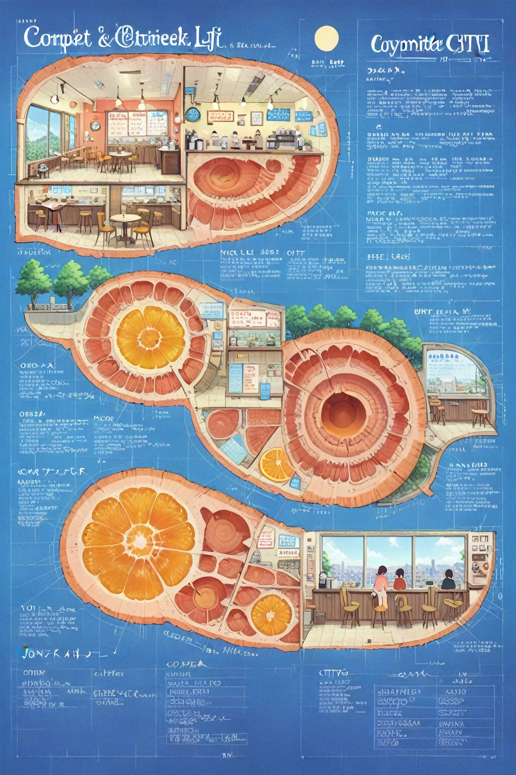 ON PARCHMENT,INK ILLUSTRATION, ((anime:1.4,illustration)),(masterpiece, top quality, best quality),(ultra-detailed, absolutely resolution),((16k, high res)), (((Cross-section of an orange, a refreshing city spreading out within the orange,)) ((cozy lofi illustration:1.4)), ((anime:1.4, illustration)),(masterpiece, top quality, best quality),(ultra-detailed, absolutely resolution),((16k, high res)) BREAK {lofi art, style of Laurie Greasley, style of Makoto Shinkai, anime aesthetic}, A detailed blueprint of the section of Lofi cafe, a fairytale-style cafe, detailed labeling text, grid lines,