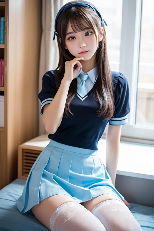 beautiful girl、Idol、high school girl、See-through、Light blue mini skirt、stockings、sit