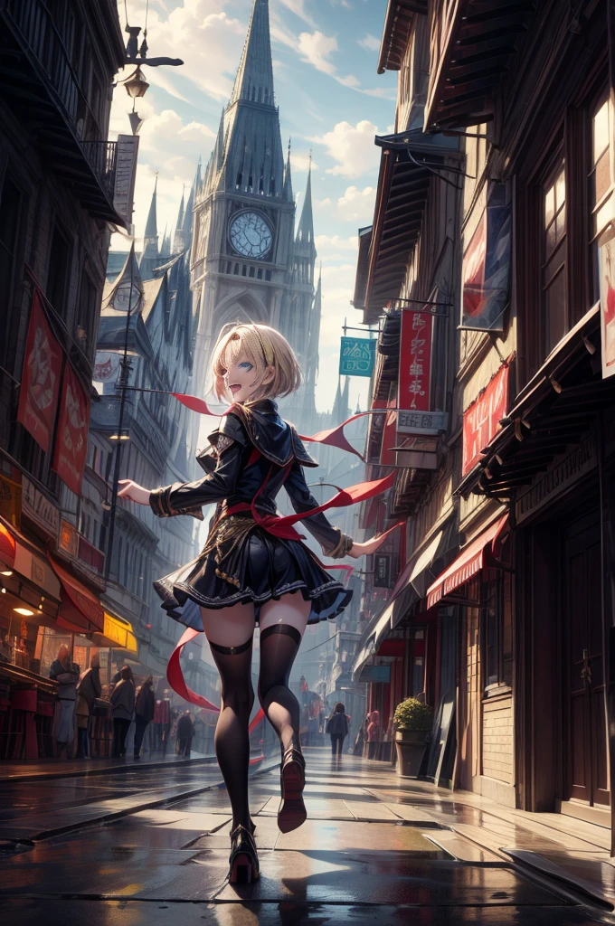 a girl, wizard, laughing, running, looking back, short hair, blonde, blue eyes, pale skin, in the city, at noon, fantasy