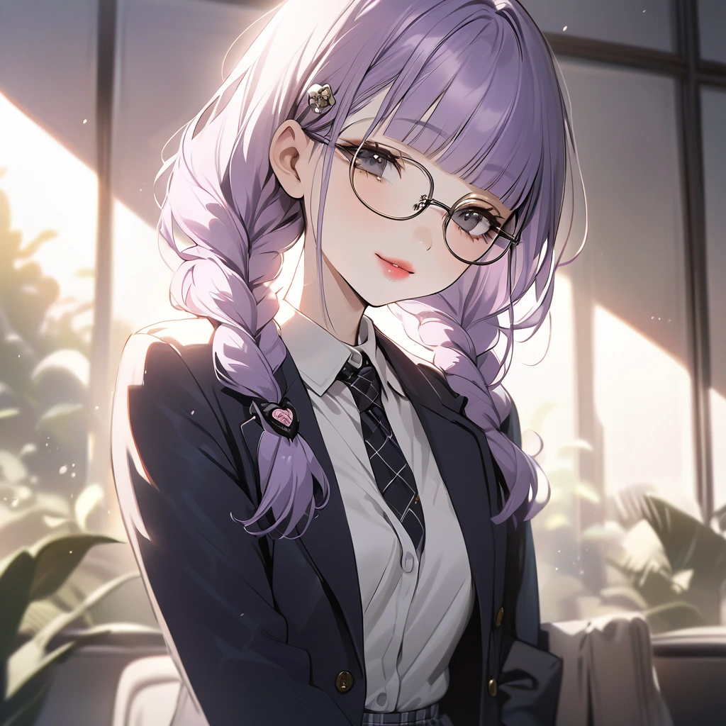 (Cute a girl:1.5), (masterpiece:1.3), anime visual, (school uniform Navy blazer, black ribbon tie, white blouse, checked skirt:1.3 ), (Lovey-dovey:1.5), (tilt head:1.3), extremely delicate face, soft clean focus, realistic lighting and shading, (an extremely delicate and beautiful art:1.3), elegant, (muted colors:1.1),(one girl with closs hair pin,pale purple hair,wavy two braids,blunt bangs hair,green and black eyes.pink lips:1.4), small breast,slim,smile,Slender,morning lit,Glasses, twin braids, men's suit, tie,