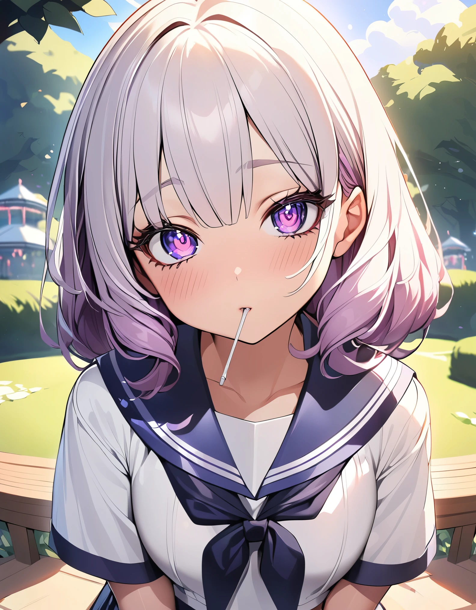 1 girl, JK, Sailor suit, 美味しそうにLollipopを舐める女性:1.3, Face Close Up:1.2, Lollipop, Lollipopを手に持って:1.4, Staring at the audience, Beautiful face, Shiny Hair, Long eyelashes, Detailed glowing eyes, Blushing, Beautiful illustrations, Natural light, at the park, wood々Background, Gazebo, Delicious footage, High resolution, masterpiece:1.2, High Detail, high quality.