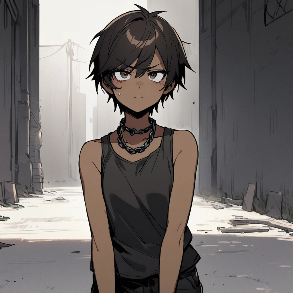 1 girl, tomboy, black hair, short hair, dark skin brown eyes, tanktop, miserable slaves, iron chain on neck
