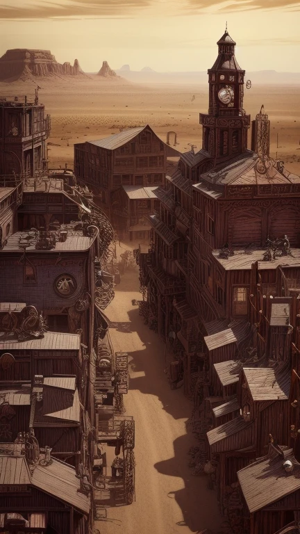 a steampunk wild west town on a vast plain, highly detailed, intricate gears and machinery, victorian architecture, old western saloon, dusty roads, cowboy hats, coiled lasso, warm tones, cinematic composition, photorealistic, masterpiece, 8k, ultra-detailed