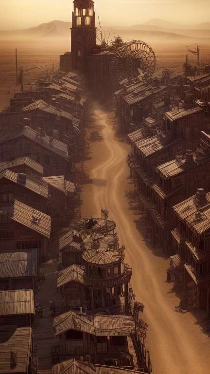 a steampunk wild west town on a vast plain, highly detailed, intricate gears and machinery, victorian architecture, old western saloon, dusty roads, cowboy hats, coiled lasso, warm tones, cinematic composition, photorealistic, masterpiece, 8k, ultra-detailed