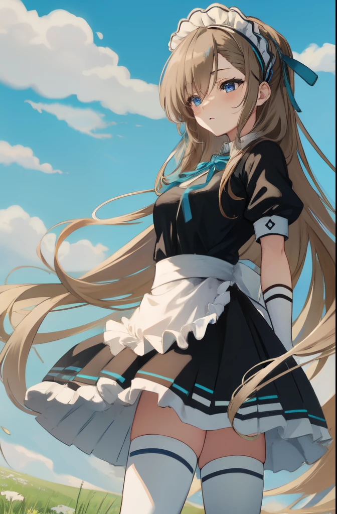 (best quality), (masterpiece), 1girl, asuna, blue eyes, long hair, saturated, halo, hair over one eye, very long hair, light brown hair, (breasts), hair ribbon, maid, maid headdress, black dress, apron, frills, frilled apron, puffy sleeves, short sleeves, white gloves, (distant, standing in a field:1), white thighhighs, arms behind back, (looking into the distance)
