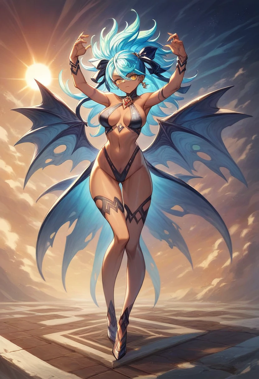 (masterpiece, best_quality, ultra-detailed, immaculate:1.3), epic, illustration, 1girl, (tactile Hermitpunk:1.3) succubus, wings, full body, lingerie, [:skimpy costume design,:0.2], official art, dark skin, studio bright beige lighting , in a aquatic, tropical warzone, bombshell hair, glowing sunset hair, hair ribbon, ojou-sama pose