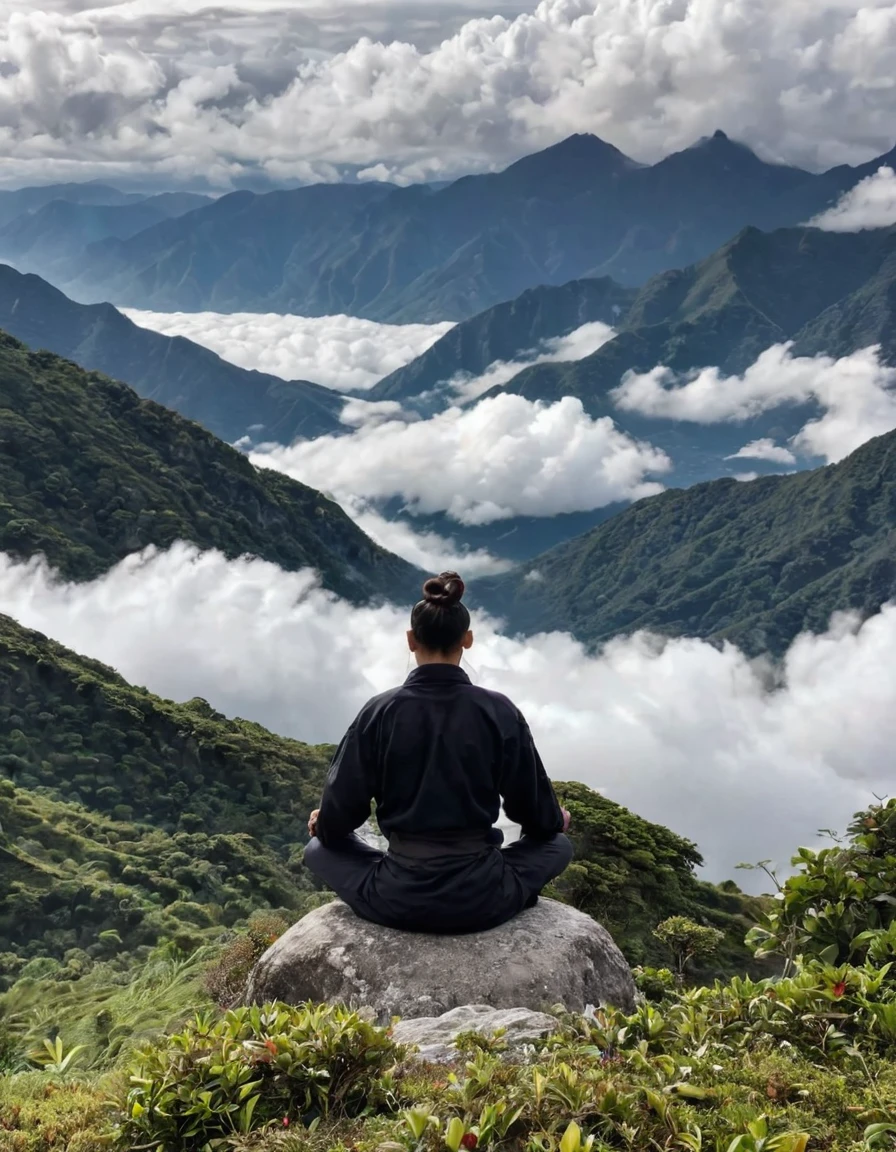 one person ,Meditation,Cross-legged,Back,meditation , Zen , Lush , mountains,Sea of Clouds,Vision