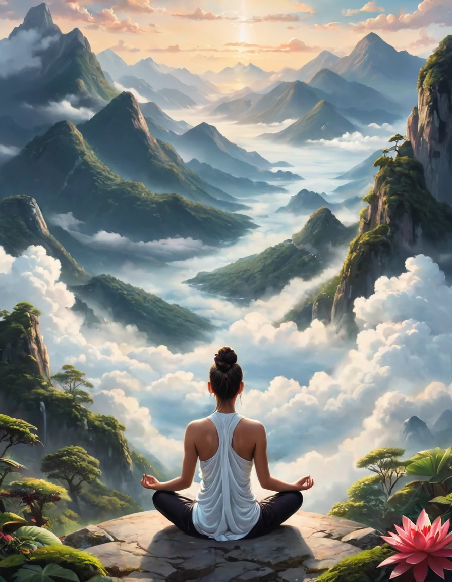 one person ,Meditation,Cross-legged,Back,meditation , Zen , Lush , mountains,Sea of Clouds,Vision