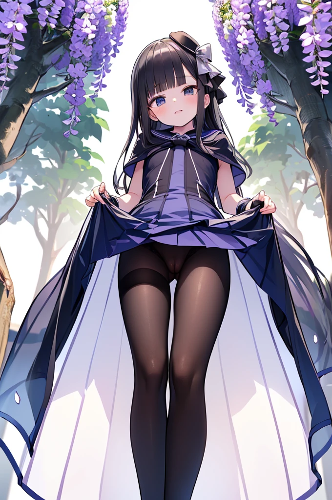 Wisteria flower, Wisteria tree, Wisteria Background,(((((dress liftTransparent see-through skirt))))),naked NSFW Long Hair Black Hair Toddler girl (A glimpse into the sheer see-through dress) Elementary school student, shot from below White school hat