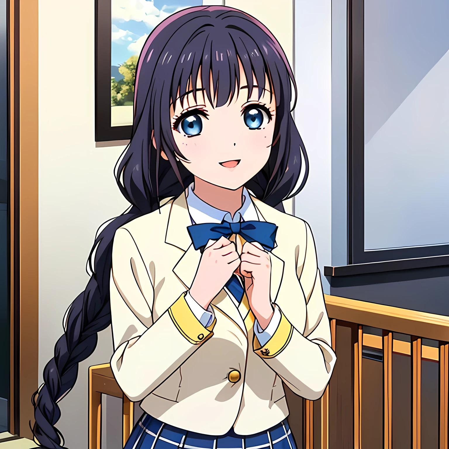 (highest quality, masterpiece:1.2), highest quality, High resolution, 1080p, 8K, Height: 158cm, ((High-definition game CG)), ((Like a beautiful girl dreaming of a game heroine、A very intelligent, very noble, pretty and pure beautiful girl.、With the best smile、Looking at the audience、Hands over their mouths)), A face that everyone loves, Glossy lips, Even bangs, ((Very beautiful blue eyes)), The very large red shiny wide ribbon bowtie is very cute., ((Black Hair)), ((long twin braids)), (((A long, neat, dark navy blue checked pleated skirt))), (((Dark blue winter long sleeve blazer))), How to wear a neat uniform, Extremely lustrous, shiny game heroine lips, She is trying to cover her open mouth with both hands, like a video game heroine., Ribbon in hair, Tight waist, slender, The ribbon is big and very pretty., Beautiful hair like a hair model, The background is a pitch black space, Long skirt, ((In the background, there are lots of pink sailor suits and checked skirts on display.))