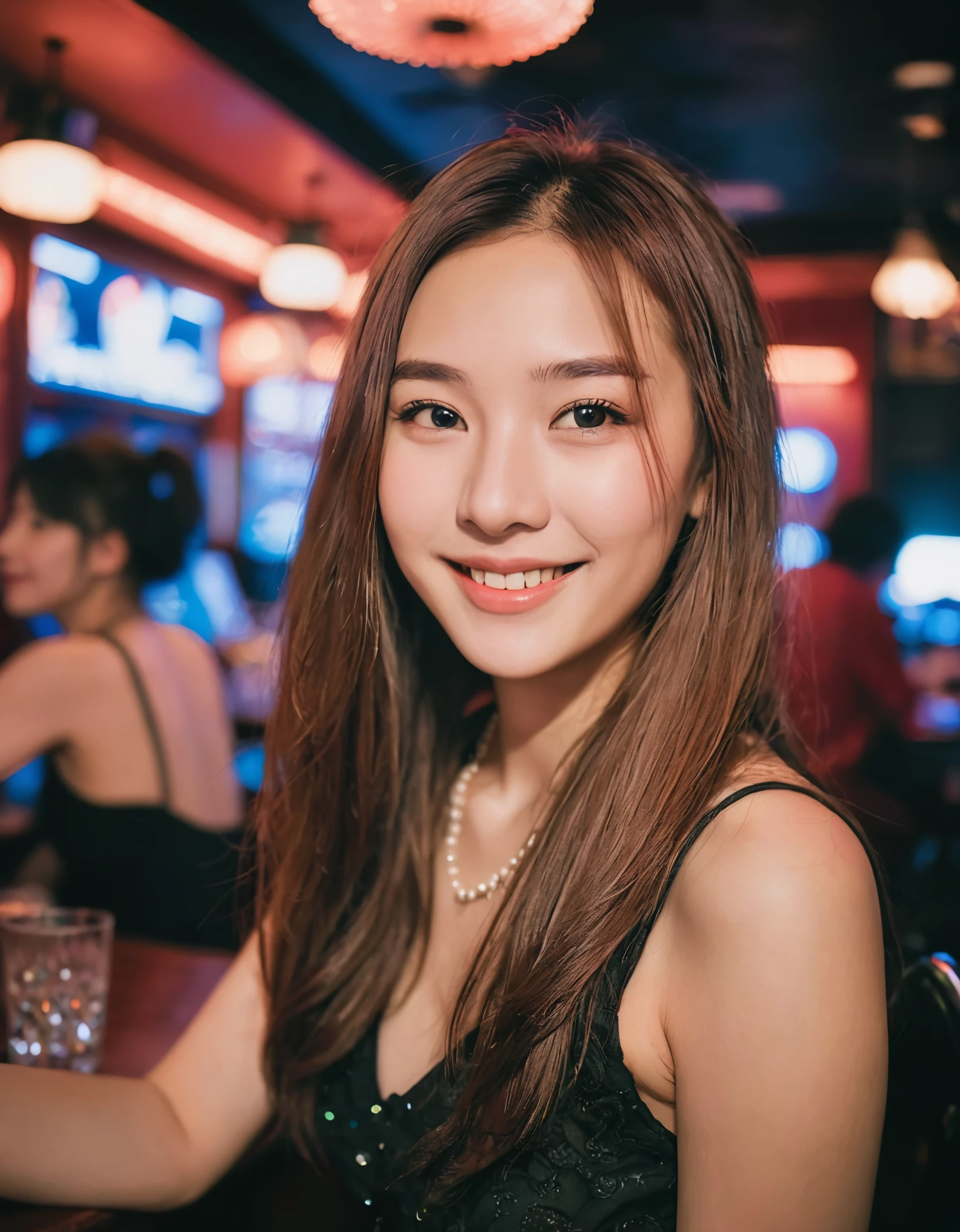 Portrait MagMix Girl looking at the camera, Long Hair, Work in a cabaret club,young,smile,night,Fair skin,Japanese