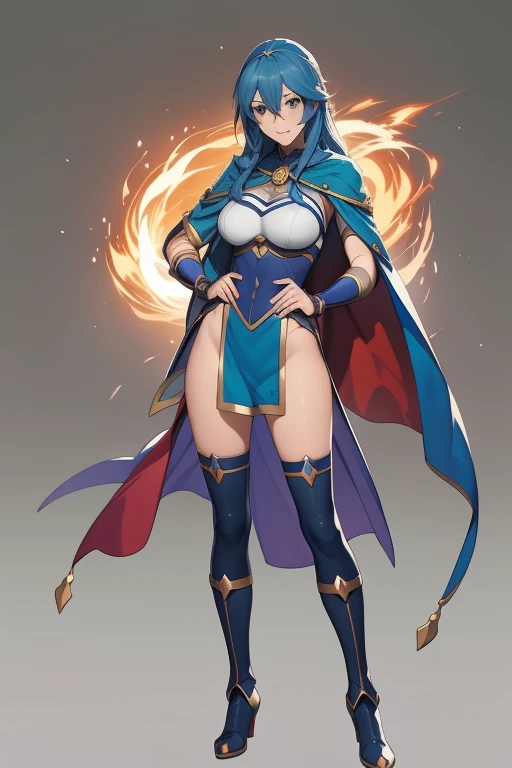 (masterpiece, best quality), nsfw, Mature Woman,23 years old, ponytail,A woman in a costume with a cape and boots, Villain Anime Girl, Aqua from Konosuba, Official character art, RPG Portrait Full Body, female Anime characters, JRPG Characters art, Lucina from Fire Emblem, Official Art, I was the point, Anime characters, best Anime characters design, Full Body RPG Portrait, JRPG Characters, Anime full body illustration,Inside the Demon King's Castle,