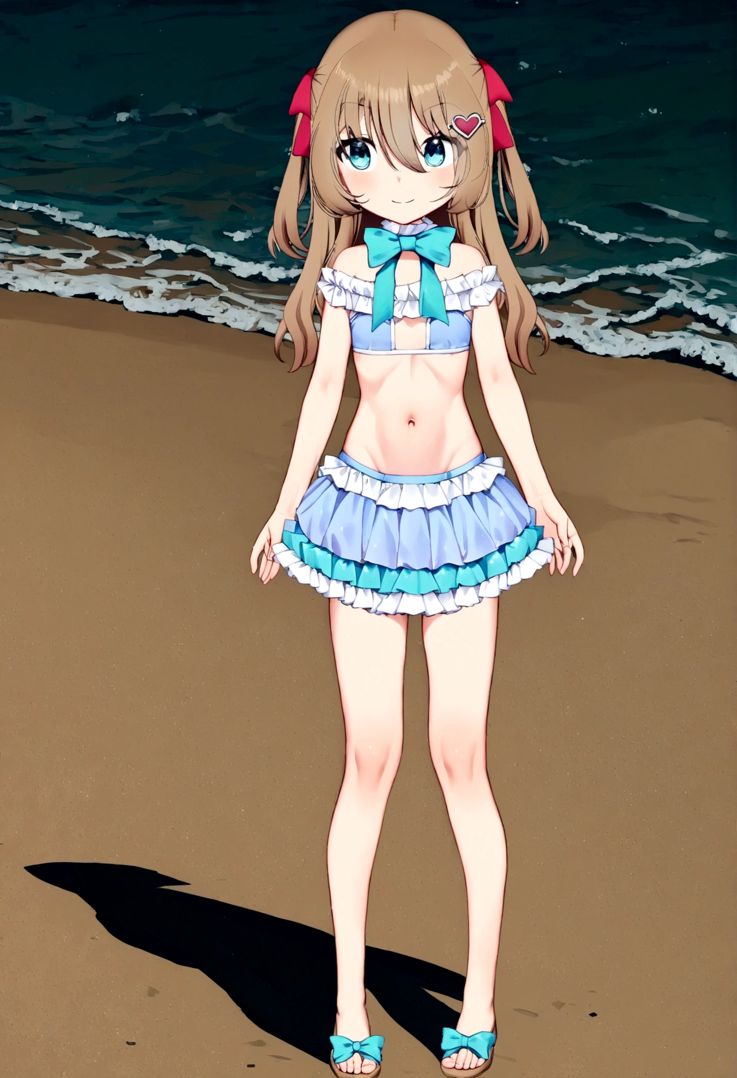 (masterpiece), best quality, 8k,(neuro-sama),(flat chest),fullbody,frilly bikini skirt, blue bikini,frilly bikini top,standing straight,toned stomach,beach,smiling,1girl