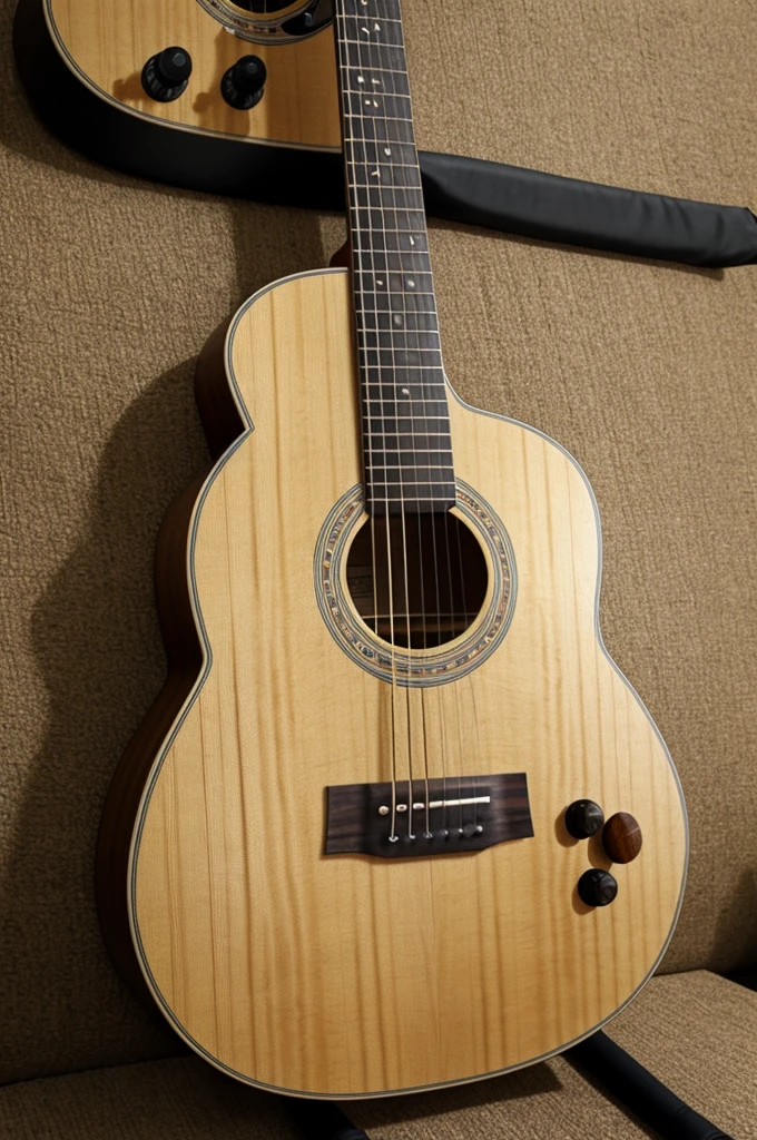 Realistic image of a guitar made of natural wood 