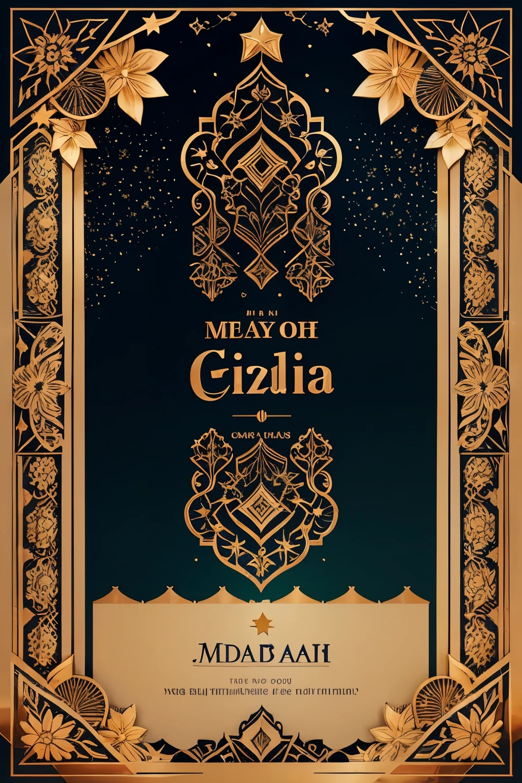 May Allah accept from us and youGenerate a digital 3D text image with the following specifications:
- Text: "Eid ul azha 2k24" in a stylish font and prominent size.
- Additional text: "May Allah accept from us and you," "taqabbalallahu minna wa minkum "in a smaller font, placed below "Eid Mubarak".
- Style: Festive and celebratory, suitable for Eid greetings.
- Background: Vibrant colors or an Eid-themed background.
- Additional elements: Decorative elements such as stars, moons, or floral patterns to enhance the festive feel.
- Greetings: Add blessings greetings such as "May this Eid bring you joy, peace, and prosperity" around the main text., painting, poster, illustration, 3d render, typography