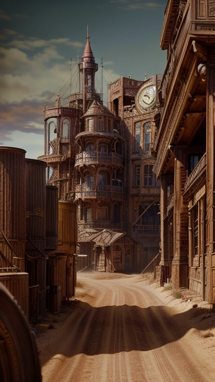 a steampunk wild west town on a vast plain, highly detailed, intricate gears and machinery, victorian architecture, old western saloon, dusty roads, cowboy hats, coiled lasso, warm tones, cinematic composition, photorealistic, masterpiece, 8k, ultra-detailed