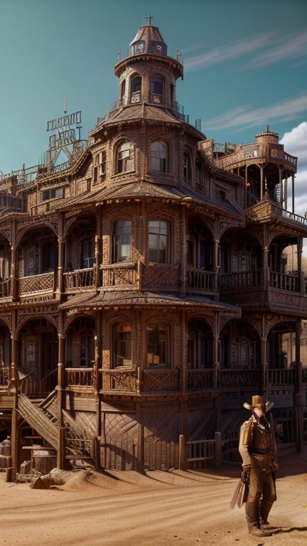 a steampunk wild west town on a vast plain, highly detailed, intricate gears and machinery, victorian architecture, old western saloon, dusty roads, cowboy hats, coiled lasso, warm tones, cinematic composition, photorealistic, masterpiece, 8k, ultra-detailed