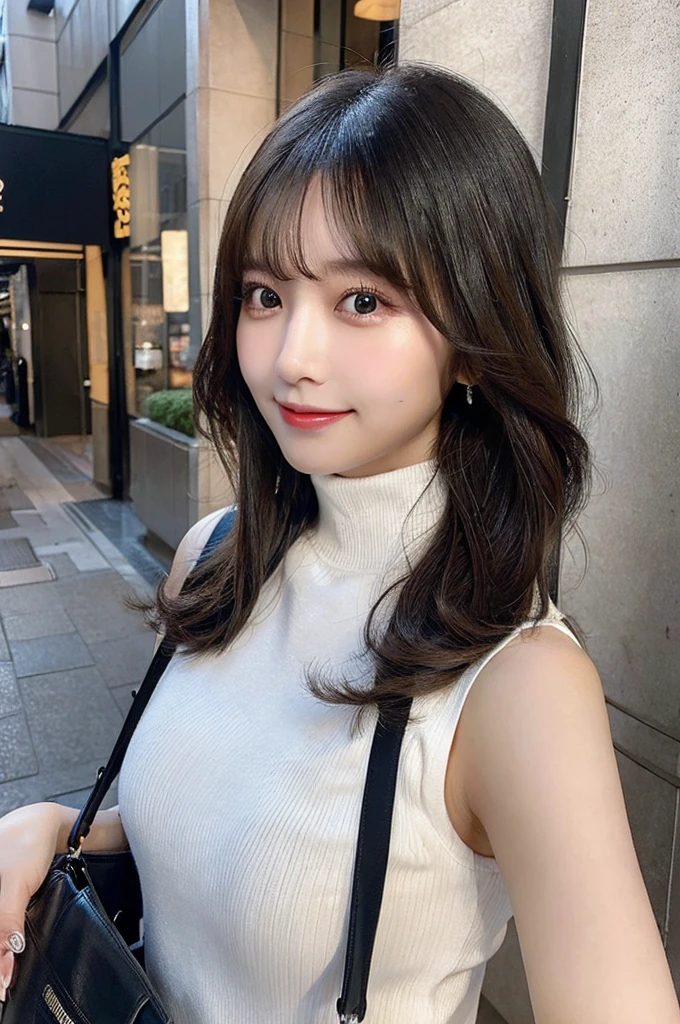 ((paisura))、Big Tits、Carry the bag diagonally across your shoulder、double eyelid、big 、Highest quality, shape, Very detailed, Fine details, High resolution, 8k, Perfect dynamic composition, Beautiful details, ,Natural color lip, A shy smile,Beautiful 20 year old woman、The only person, Correct posture、Cute type、Looking into the camera、Turtleneck Sleeveless、Black Hair