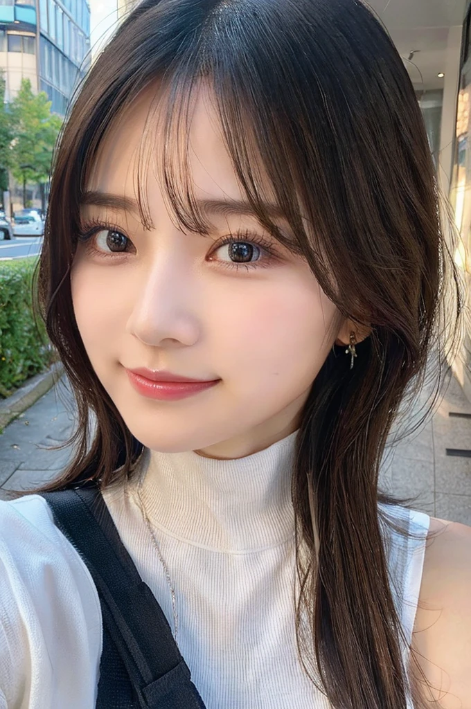 ((paisura))、Big Tits、Carry the bag diagonally across your shoulder、double eyelid、big 、Highest quality, shape, Very detailed, Fine details, High resolution, 8k, Perfect dynamic composition, Beautiful details, ,Natural color lip, A shy smile,Beautiful 20 year old woman、The only person, Correct posture、Cute type、Looking into the camera、Turtleneck Sleeveless、Black Hair