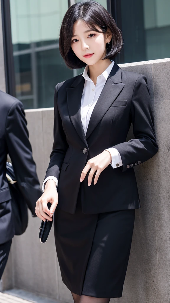 A korean girl, secretary, short hair,black hair, dressed using suit