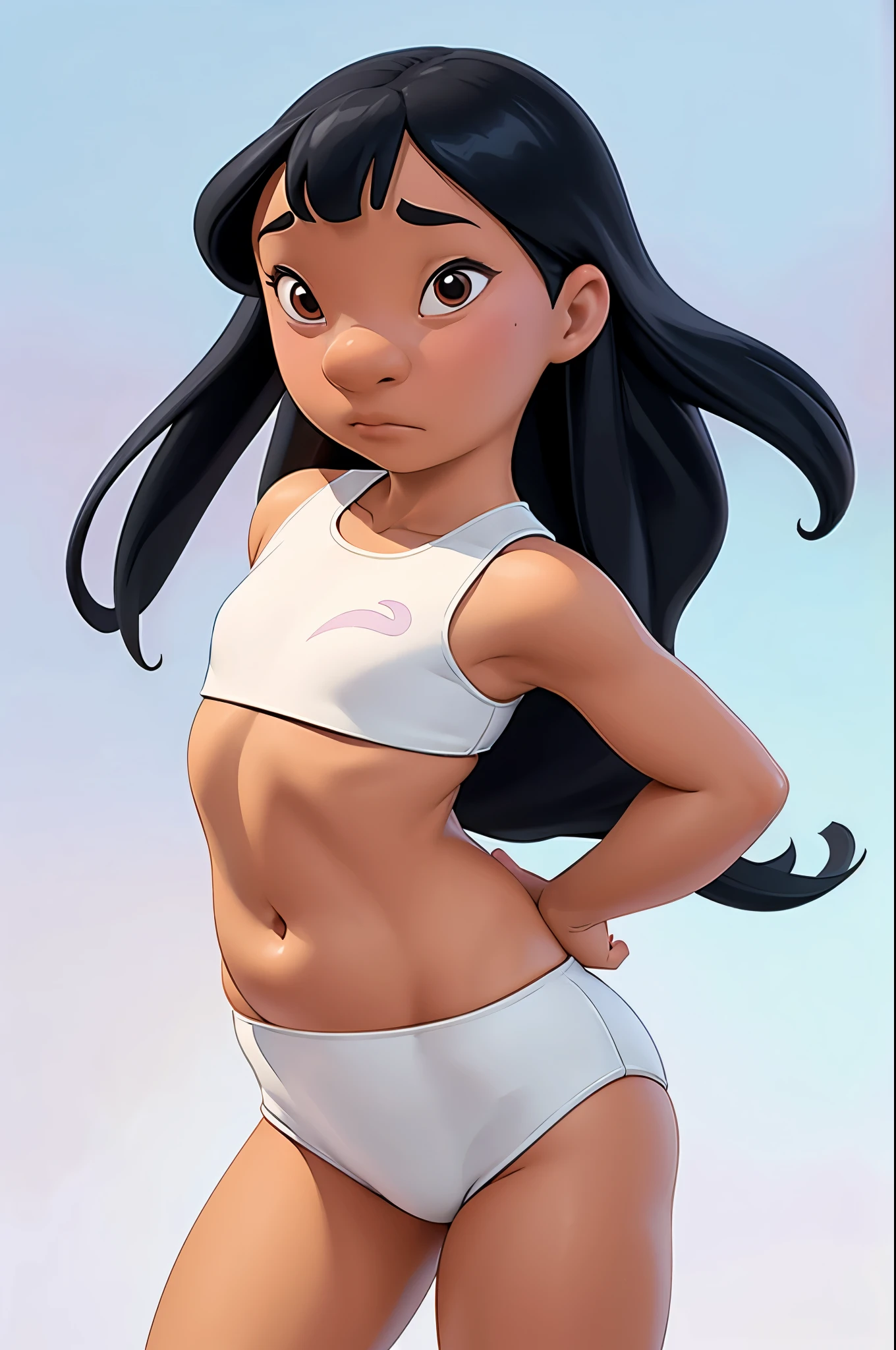 Lilo pelekai, long black hair, detailed eyes, flat chest, short stature, 1 girl in public, embarrassed, bangs, loli body, perfect slender body, girl, micro shorts 1.4, Ultra HD, 4k image, character close up up camera, tight shorts, V panties, white panties, low waist panties, hands behind back.