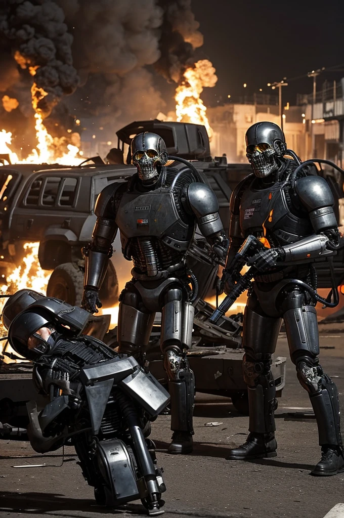 Terminators destruidos en el suelo mientras los Soldados humanos festejando su victoria