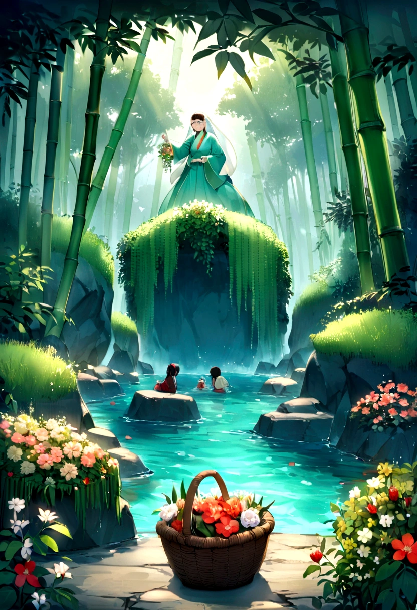 Hua Po led the children through a dense bamboo forest,Came to a beautiful cave。Inside the cave is a pool of crystal clear water,There is a huge rock in the lake,It is inscribed with the words "When the flash flood comes.",Please take refuge in the cave."。As the flash flood receded,Tranquility has regained in the village。The children returned home safely。In order to thank Hua Po for saving her life,The children decided to hold a big celebration for Hua Po。They weave beautiful flower baskets out of bamboo、Clever seats、There is also a wide variety of crafts。