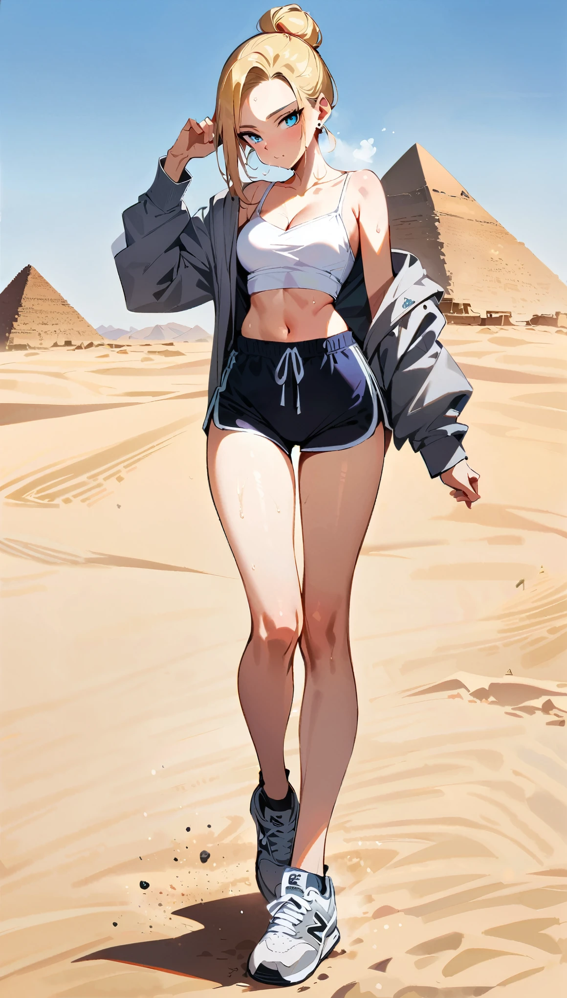 (masterpiece, best quality:1.2), full body, solo, Android 18 from Dragon Ball, ((white slip-on crop top)), ((black dolphin shorts)), (gray hooded jacket), thighs, midriff, small breasts, sweat, blonde hair, (single hair bun), ((blue eyes)), earrings on earlobes, slender feminine figure, narrow waistline, skinny body, long legs, Egypt, walking across desert, large pyramid, daytime, clear sunny sky, sweating, cleavage, off shoulder, magnificent view, blur background, 4K, Touching ear, light blush, breath, gray new balance sneakers