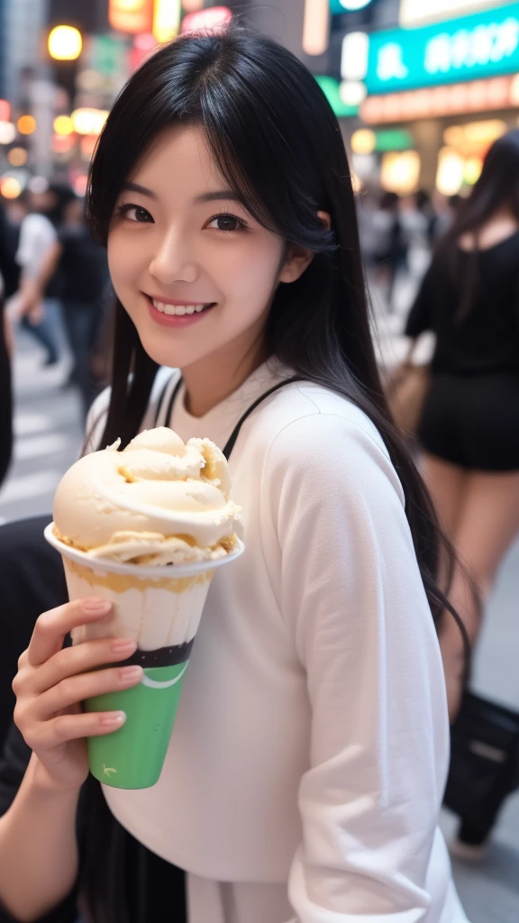 (32k), RAW Photos , (Highest quality, detailed:1.2), Ultra-high resolution, Age 35 , (非常に繊細でdetailed), (非常に複雑なdetailed), masterpiece, Highest quality, (Shiny skin),  Clear lines, Mysterious woman, Curly Hair, soft, Perfect body, Big Breasts, Cute Smile, ((Black Hair)), Bambi Face, Shibuya Scramble Crossing, Eating ice cream, 