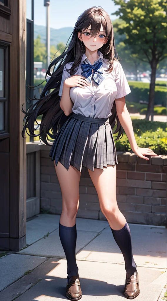 (masterpiece:1.2, top-quality), (realistic, photorealistic:1.4), beautiful illustration,
looking at viewer, full body, front view:0.6,
1 girl, japanese, high school girl, (long hair:1.5), blown hair, (half up, half updo), bangs, hair between eye, large breasts:0.8,
beautiful hair, beautiful face, beautiful detailed eyes, beautiful clavicle, beautiful body, beautiful chest, beautiful thigh, beautiful legs, beautiful fingers,
(beautiful scenery), , school,
((collared short sleeve shirt, white shirt, , grey plaid pleated skirt, blue plaid bow tie)), white panties,
(standing, , lift up skirt, grab the hem of the skirt, hands on chest, hand between legs),
blush, ,
