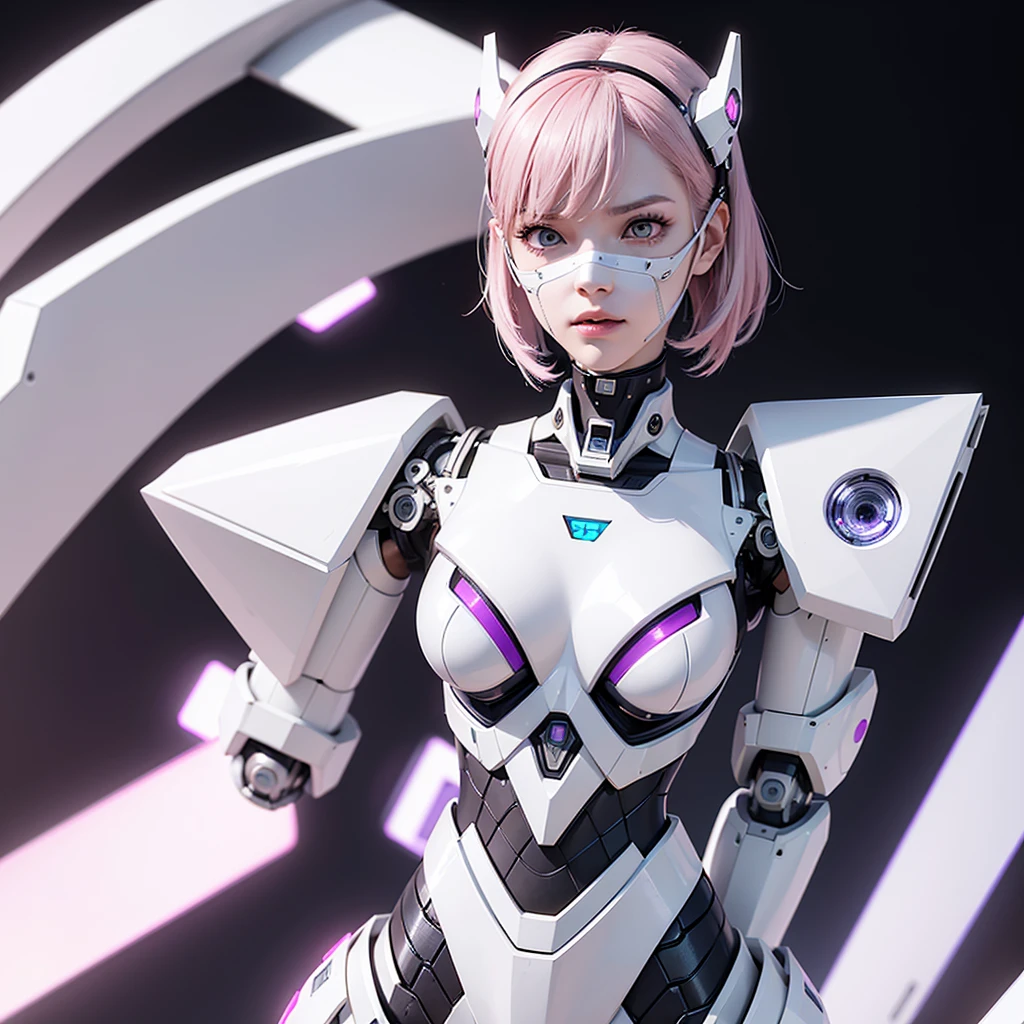 a girl with a full white cyborg body, featuring sleek and high-tech components. She has short pink hair, purple eyes, and an angry expression. She is wearing a robot mask that partially obscures her face, with her polished mechanical limbs and torso emphasizing her intense emotions. ((white robot mecha face mask)), ((white cyborg body))