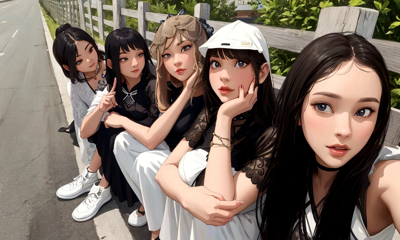 several young women sitting on a fence, digital art